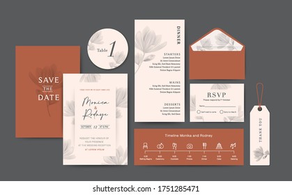 Set Of Wedding Card Template Background. For Invitation, Menu, Thank You, Decoration With Leaf Floral Flower Watercolor Style. Timeline With Icon Thin Style. Vector Illustration. Brown & Cream Color