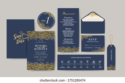 Set of Wedding Card template Background. For Invitation, menu, Thank you, Decoration with star bokeh blue background watercolor style. Timeline with icon thin style. Vector illustration.
