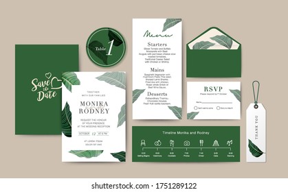 Set of Wedding Card template Background. For Invitation, menu, Thank you, Decoration with leaf floral flower watercolor style. Timeline with icon thin style. Vector illustration. Green Color