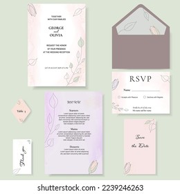 Set of Wedding Card Template Background. Vector Illustration. For Invitation, Menu, RSVP, Thank you, Decoration with leaf and floral flower style, Watercolor, with gold glitter. Art background