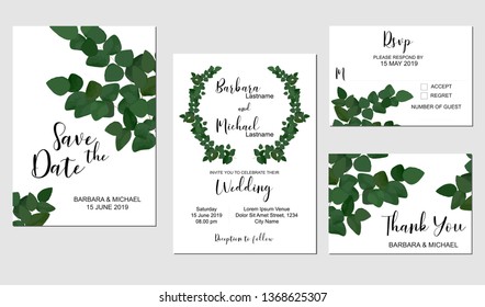 Set of wedding card template: invitation, rsvp, thank you, save the date, with greenery decoration. Rustic wedding concept with green leaf plant decoration.