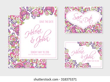 Set of wedding card templates (save the date, RSVP) with bright floral background (pink and violet flowers in doodling stile) and a sample text. Lovely saturated colors. 