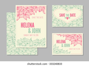 Set of wedding card templates (save the date, RSVP) with wavy ornament (leaves and eyes) and a sample text. Romantic color palette (bright pink balanced by turquoise on a off-white background). 