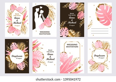 Set of wedding card templates. Tropical leaves and frames. Romantic design. Vector illustration.
