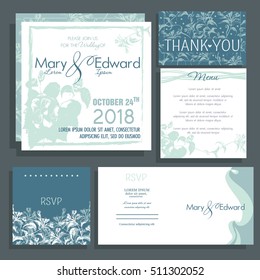 Set of wedding cards or announcement with wedding bouquet. RSVP, menu card