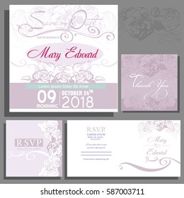 Set of wedding cards or announcement with wedding bouquet. RSVP card