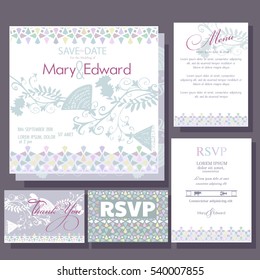 Set of wedding cards or announcement with decorative flowers. RSVP, menu card