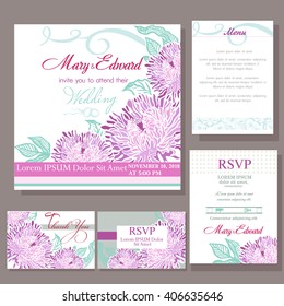 Set of wedding cards or announcement with delicate flowers. RSVP, menu card