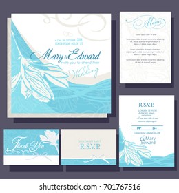 Set of wedding cards or announcement with magnolia flowers. RSVP, menu card