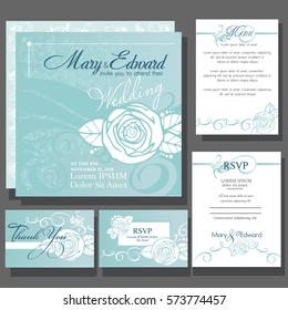 Set of wedding cards or announcement with roses wedding bouquet. RSVP, menu card
