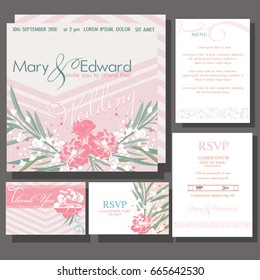 Set of wedding cards or announcement with roses wedding bouquet. Design of the Resource ReSerVation Protocol, Thank You card, Menu