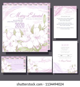 Set of wedding cards or announcement with white flowers wedding bouquet. RSVP, menu card