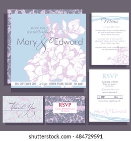 Set of wedding cards or announcement with white wedding bouquet. RSVP, menu card