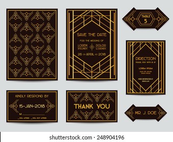 Set of Wedding Cards - Art Deco Vintage Style - in vector