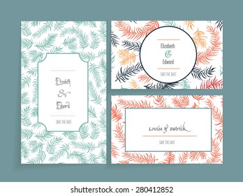 Set of wedding cards. Contain the labels for writing on floral pattern of the branches. Cards cast shadows. Monochrome background.