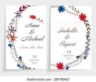Set of wedding cards. Contain the labels for writing on floral pattern of the branches, flowers and berries. Cards cast shadows. Monochrome background.