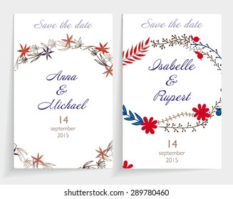 Set of wedding cards. Contain the labels for writing on floral pattern of the branches, flowers and berries. Cards cast shadows. Monochrome background.