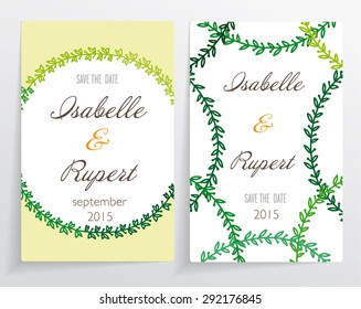 Set of wedding cards. Contain the labels for writing on floral pattern of the branches, flowers and berries. Cards cast shadows. Monochrome background.