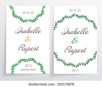 Set of wedding cards. Contain the labels for writing on floral pattern of the branches, flowers and berries. Cards cast shadows. Monochrome background.