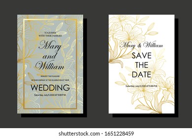 Set of wedding cards in delicate color. lily flowers in gold. eps10 vector stock illustration.