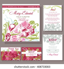 Set of wedding cards with elegant tulips. RSVP and menu card