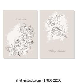 Establece las tarjetas de boda. Flor y pinta el fondo de la boda. Pintura dibujada a mano con tinta y lápiz. Ilustración vectorial.