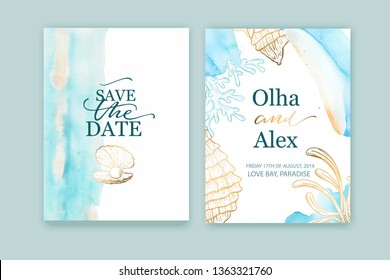 Set of wedding cards, invitation. Save the date sea style design. Blue watercolor wash.  Summer background. Hand drawn seashells with golden texture.