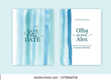 Set of wedding cards, invitation. Save the date sea style design. Blue and turquoise watercolor wash.  Summer background.