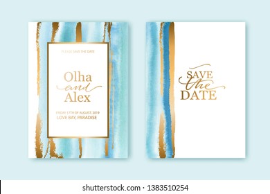 Set of wedding cards, invitation. Save the date sea style design. Blue and turquoise watercolor wash.  Summer background.