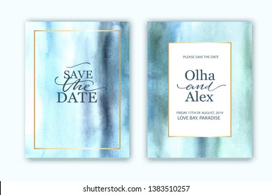 Set of wedding cards, invitation. Save the date sea style design. Blue and turquoise watercolor wash.  Summer background.