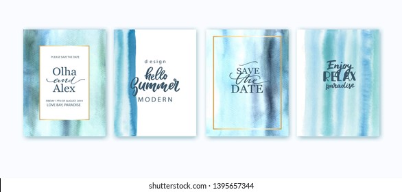 Set of wedding cards, invitation. Save the date sea style design. Blue and turquoise watercolor wash.  Summer background.