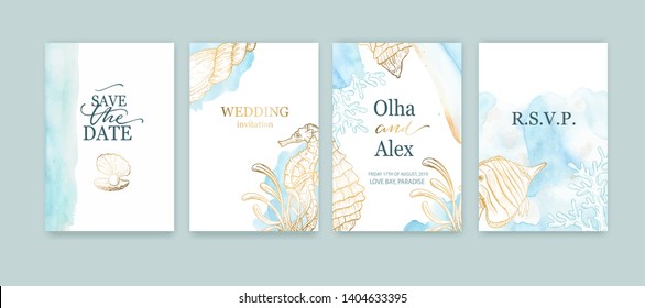 Set of wedding cards, invitation. Save the date sea style design. Blue watercolor wash.  Summer background. Hand drawn seashells with golden texture.