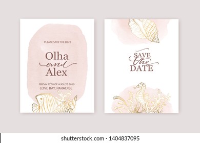 Set of wedding cards, invitation. Save the date sea style design. Pink blush watercolor wash.  Summer background. Hand drawn seashells with golden texture.