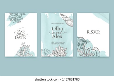 Set of wedding cards, invitation. Save the date sea style design. Blue watercolor wash.  Summer background. Hand drawn seashells.