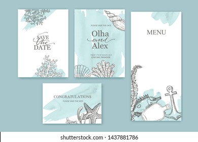 Set of wedding cards, invitation. Save the date sea style design. Blue watercolor wash.  Summer background. Hand drawn seashells.