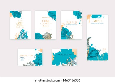 Set of wedding cards, invitation. Save the date sea style design. Blue painted wash.  Summer background. Hand drawn seashells with golden texture.