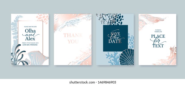 Set of wedding cards, invitation. Save the date sea style design. Romantic beach wedding  summer background. Hand drawn seashells with rose gold texture.