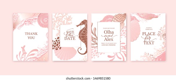 Set of wedding cards, invitation. Save the date sea style design. Romantic beach wedding summer background. Hand drawn seashells with rose gold texture. Set of wedding cards, invitation. Save the date sea style design. Romantic beach wedding summer background. Hand drawn seashells with rose gold texture.