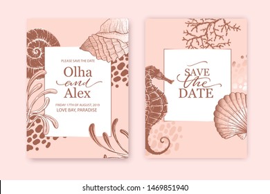 Set of wedding cards, invitation. Save the date sea style design. Romantic beach wedding  summer background. Hand drawn seashells with rose gold texture.