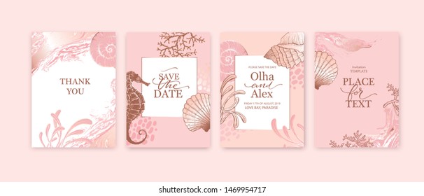 Set of wedding cards, invitation. Save the date sea style design. Romantic beach wedding  summer background. Hand drawn seashells with rose gold texture.