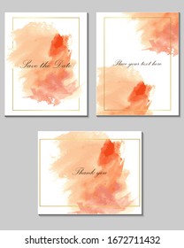 Juego de tarjetas de boda, invitación. Guarde el diseño del estilo acuarela de fecha. Menú de matrimonio, información, etiqueta, número de tabla y tarjeta de lugar.