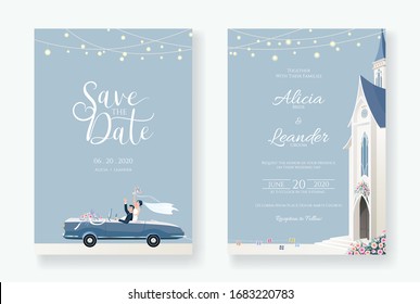 Set Of Wedding Cards, Invitation, Save The Date Template. Newlywed Couple Is Driving A Convertible, After Church Ceremony Image. Vector.