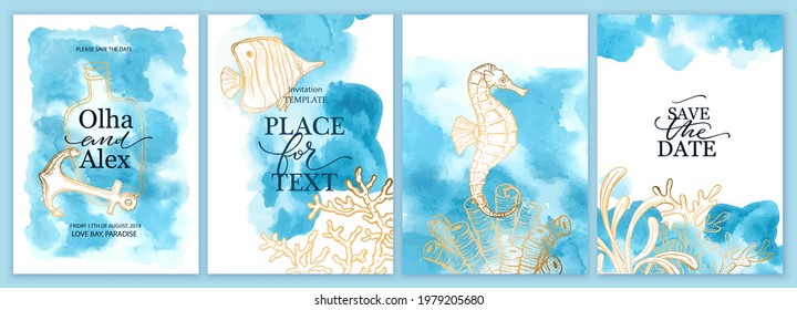 Set of wedding cards, invitation. Save the date sea style design. Blue watercolor wash.  Summer background. Hand drawn seashells with golden texture. Sea wedding concept.