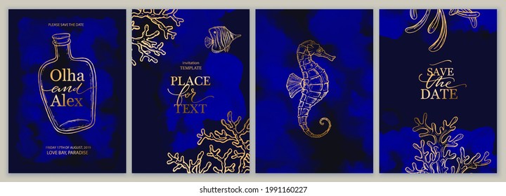 Juego de tarjetas de boda, invitación. Guarda el diseño de estilo marino de dátiles. Lápiz de color azul índigo.  Fondo de verano. Maravillas dibujadas a mano con textura dorada. Concepto de bodas marítimas.