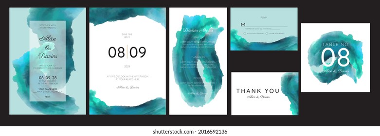 Juego de tarjetas de boda, invitación. Guarda el diseño de estilo marino de dátiles. Lavado de color azul. Fondo de verano. Maravillas dibujadas a mano con textura dorada. vector