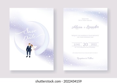 Juego de tarjetas de boda, Invitación, guardar la plantilla de fecha. Novia y novio están sentados en la imagen de la luna. Vector.