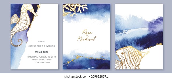 Set of wedding cards, invitation. Save the date sea style design. Blue, indigo watercolor wash.  Summer background. Hand drawn sea horse, fish, corals with golden texture. Sea wedding concept.