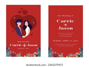 Set of wedding cards, Invitation, save the date template. Newlywed couple cartoon style. Vector.