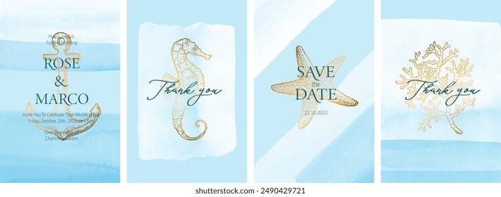 Juego de tarjetas de boda, invitación. Guardar el diseño de estilo de mar de fecha. Lavado en acuarela azul.  Fondo de verano. Caballo de mar dibujado a mano, ancla, estrella con textura dorada.