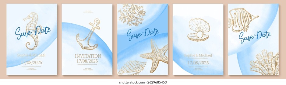 Set of wedding cards, invitation. Save the date sea style design. Blue watercolor wash.  Summer background. Hand drawn seashells, fish, seahorse with golden texture.